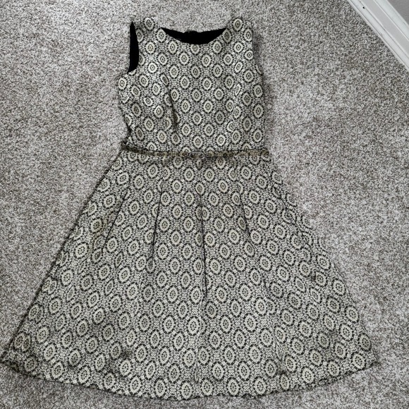 Dresses & Skirts - Talbots Womens Size 2 Gold Black Jacquard Fit Flare Dress Rhinestone Belt